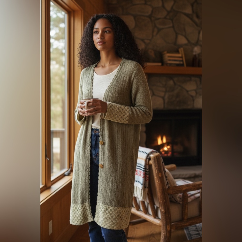 Sleeping On Snow Long Cardigan Angora‎ Lamb Wool Pointelle Knit Sage Cabin Cozy